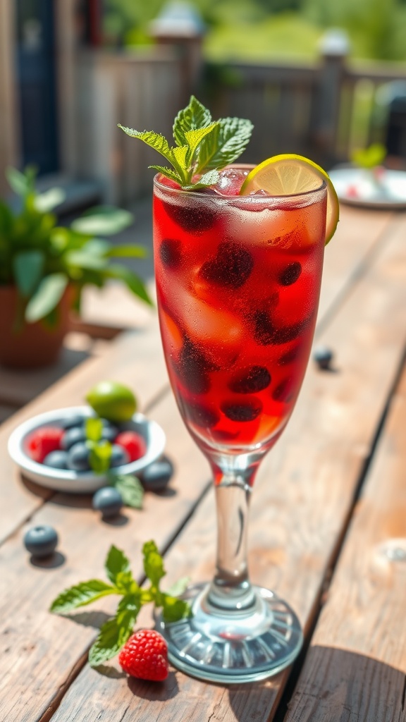 A refreshing Berry Gin Smash cocktail with berries and mint in a glass on a sunny outdoor table.